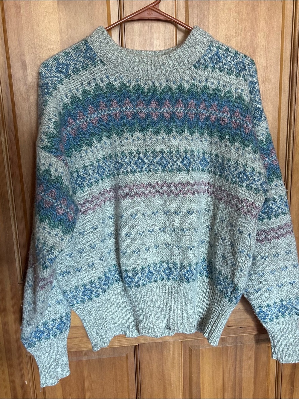 Vintage Eddie Bauer Gray Fair Isle Crewneck Sweater Blue & Green Accents